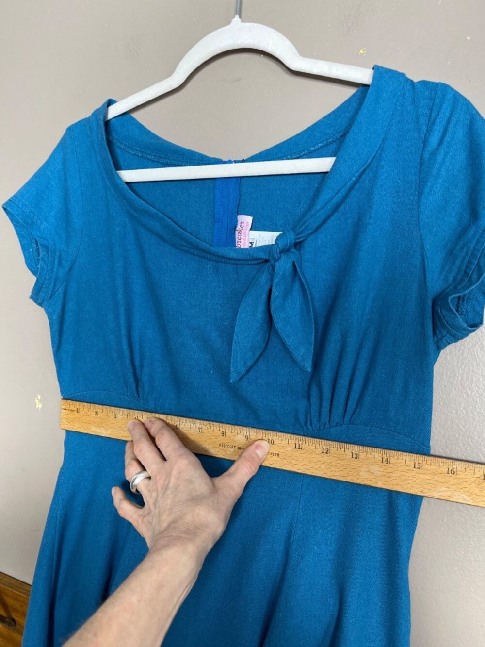 Vtg Heartbreaker Linen Blend Dress Fit Flare Empire Retro Blue Pin Up Midi Wom M - Picture 6 of 9